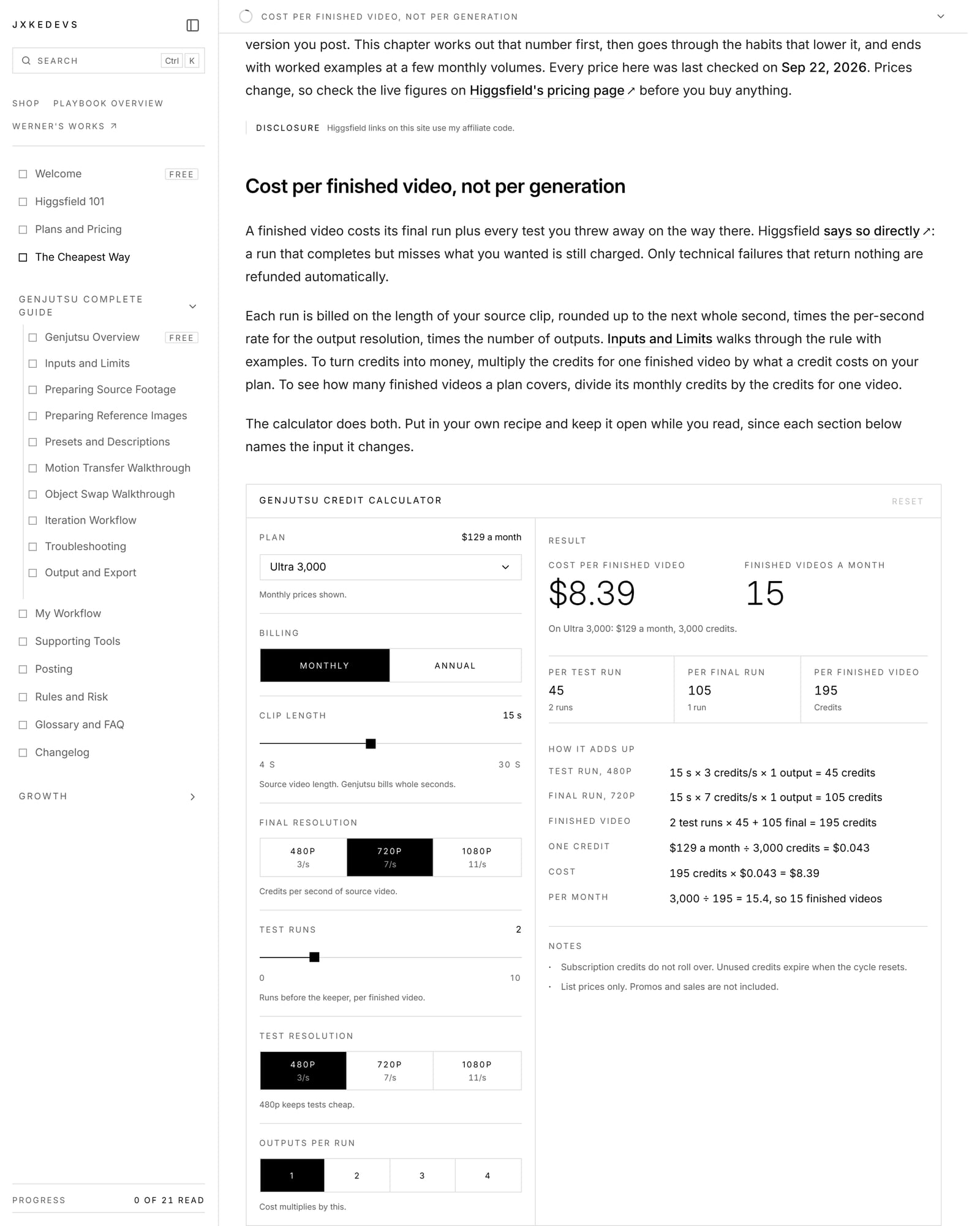 The Genjutsu credit calculator showing cost per finished video and credits per run for the Ultra 3,000 plan.
