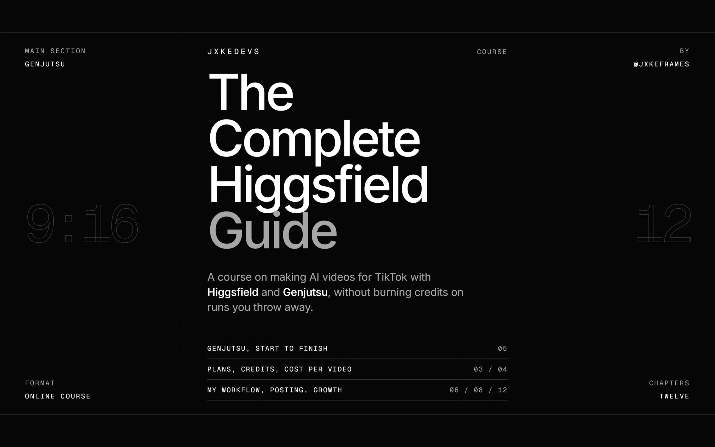 Cover of The Complete Higgsfield Guide by @jxkeframes, twelve chapters with Genjutsu as the main section.